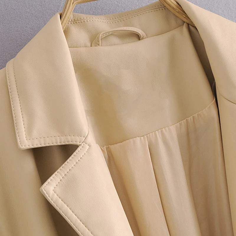 Wixra Womens Trench Oversized Faux Leather Stylish High Quality Khaki Long Coat Female Classic Windbreaker Waterproof Outerwear
