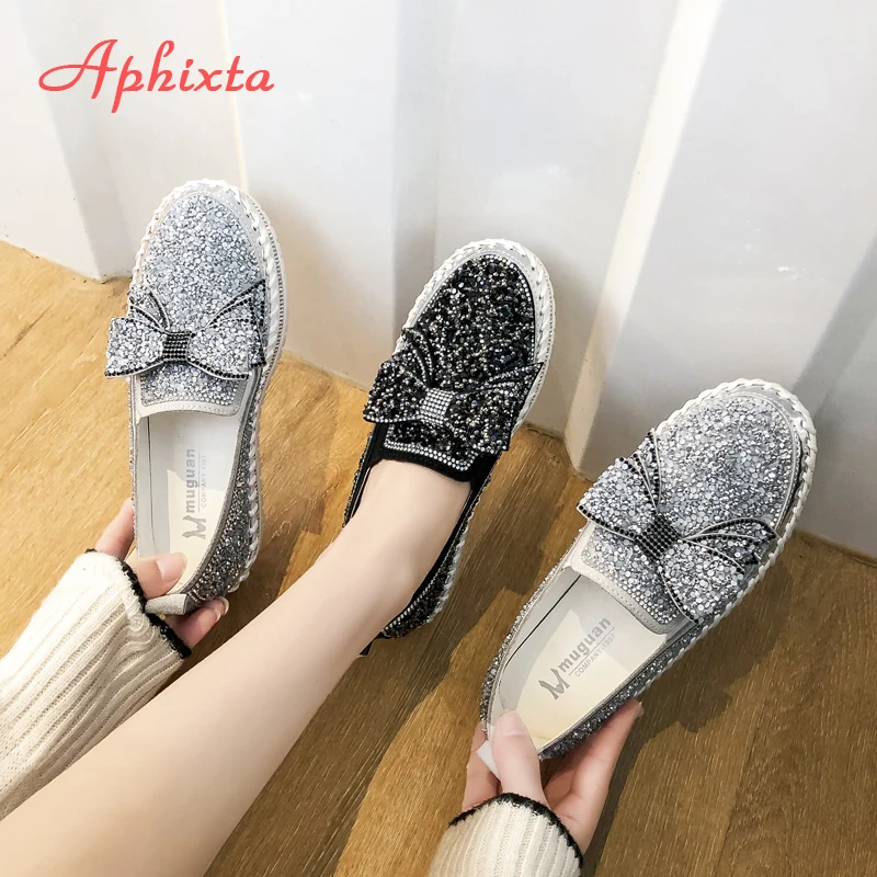 Women's Platform Rhinestones Glitter Sneaker Cute Bow Slip On Comfort  Sneaker Flat Loafer Casual Shoes