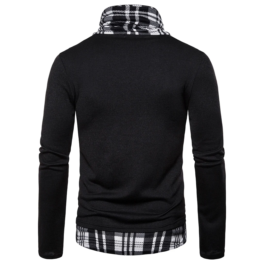 Puimentiua Men's Autumn Knit Sweater High Neck Long Sleeve Plaid Panel Knit Sweater Casual Slim Street Knit Sweater Top 2019