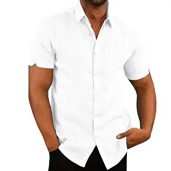 

Casual Men Solid Color Turn Down Collar Short Sleeve Pocket Buttons Slim Shirt