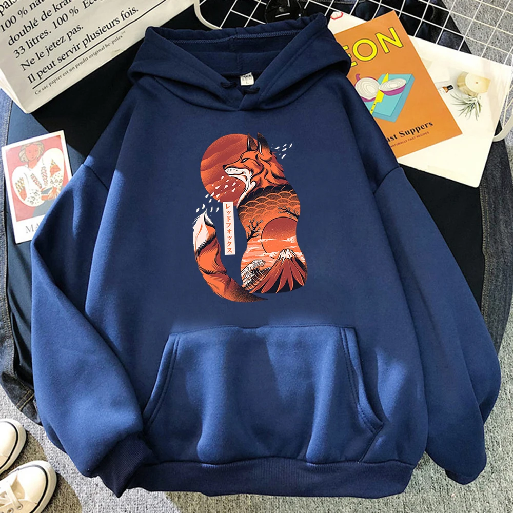 thumbnail image 1 of Sudadera con capucha de dibujos animados de Anime para hombre, ropa con estampado de zorro japonés Ukiyo E, suéter con capucha grueso cálido, ropa Harajuku, otoño, 1 of 5
