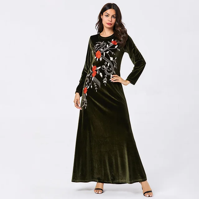 Мусульманское женское платье Абая кафтан бархат вышитые Макси длинное платье элегантный круглый вырез с длинным рукавом Осенняя Турецкая одежда