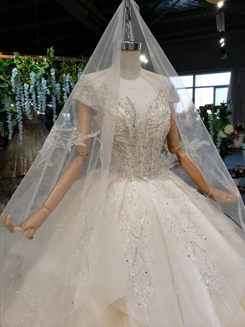 HTL1007 сексуальное вышитое бисером кружевное свадебное платье с вуалью О-образным вырезом с коротким рукавом размера плюс свадебное платье с соборным шлейфом vestidos de noiva