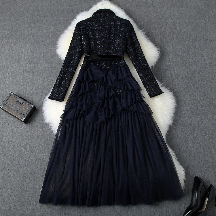 Высококачественное осенне-зимнее платье года, Женское Платье С Вырезанным воротником, Сетчатое лоскутное платье с длинным рукавом до середины икры, шерстяное платье