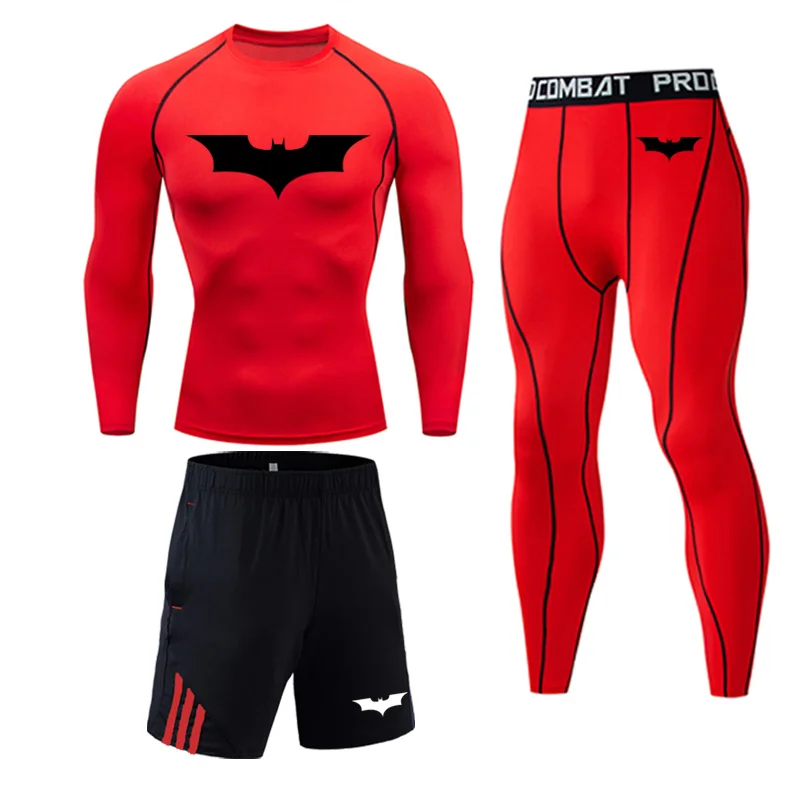 Мужские спортивные костюмы Спортивная одежда Бэтмен тренировочный костюм колготки мужские компрессионные быстросохнущие мужское термобелье для бега базовый слой - Color: red