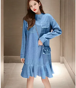 

fashion spring loose women denim dress femme full sleeve straight denim dress