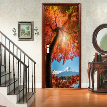 

Self Adhesive 3d Door Sticker Maple Leaves Tree Japan Snow Mountain Print Art Home Decor PVC Poster Waterproof Wallpaper Picture