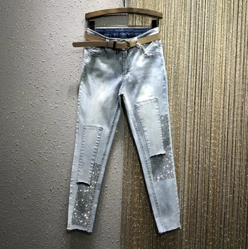 

Women Jeans 2020 Spring New Light-Colored Rhinestone High Waist Stretch Slim-Fit Pencil Denim Pants Boyfriend Jeans for Women