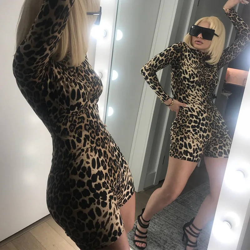 ANJAMANOR Cheetah Print Sexy Rompers Playsuit Fall Clothes for Women Clubwear High Neck Long Sleeve Bodycon Jumpsuit D83-I62