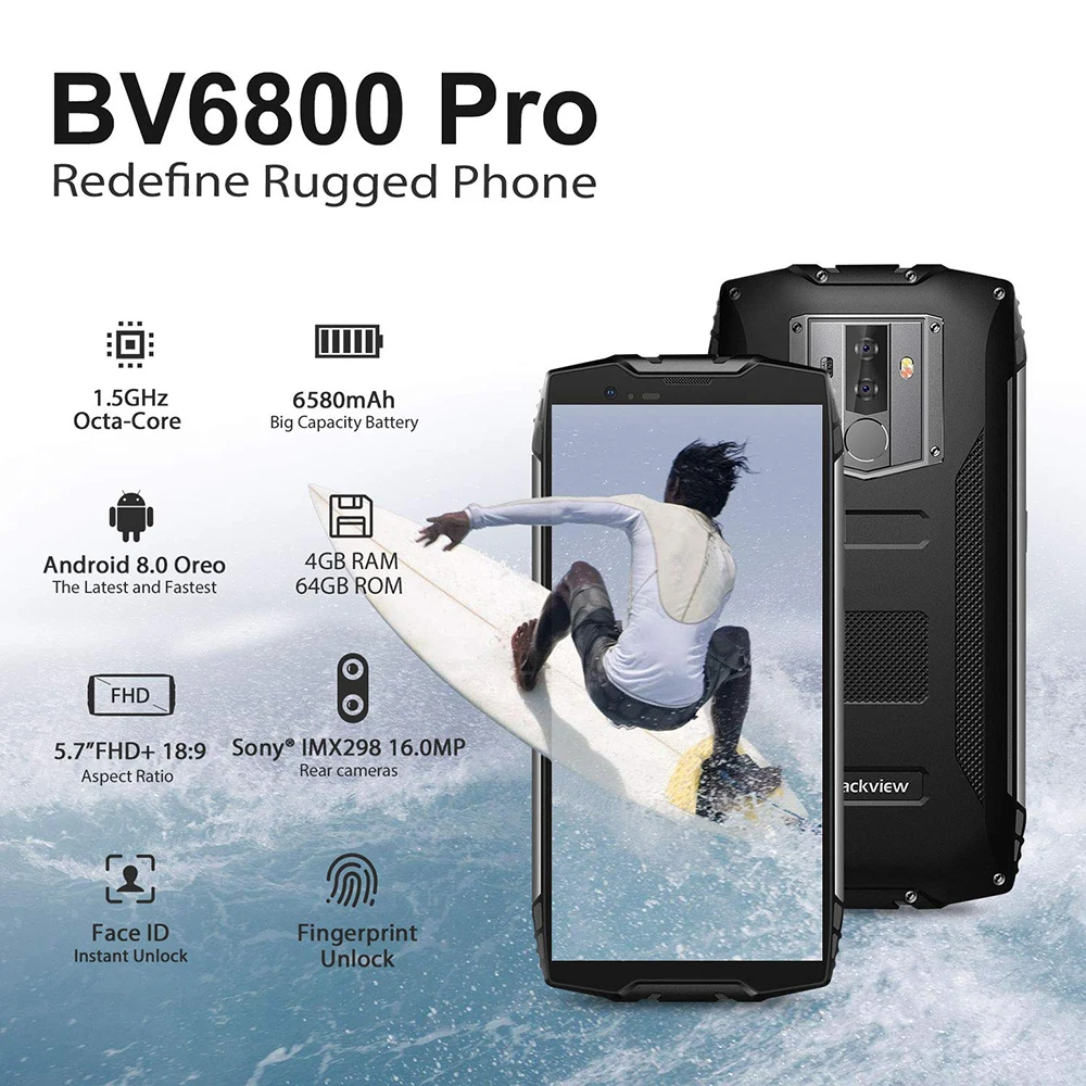 Прочный мобильный телефон Blackview BV6800 Pro IP68/IP69K на базе Android 8 0 Восьмиядерный экран 5 7