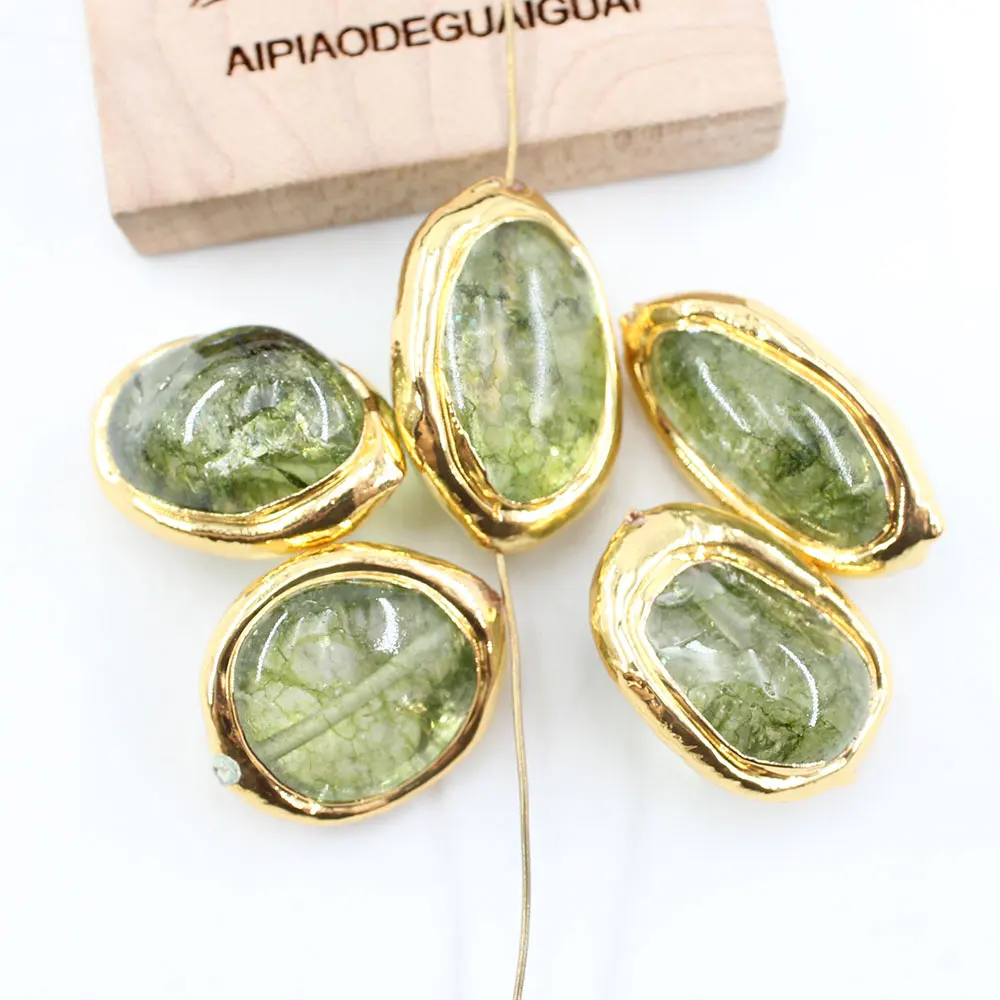 5Pcs 16x25mm Gold Plated Natural Green Moss Glass Quartzs Nugget Gems Oval Beads For Necklace Pendant Jewelry DIY
