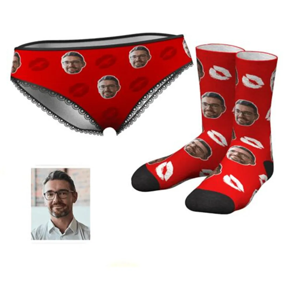 Custom Photo Kiss Funny Panties & Face Socks Set Wedding Keepsake Sexy