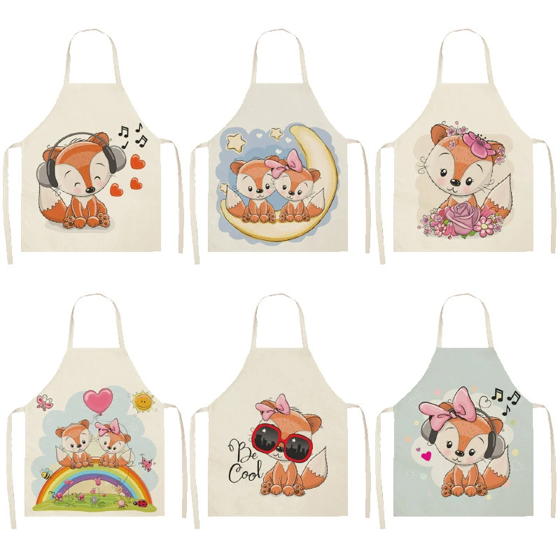 Kwaii Rainbow Fox Printed Cotton Linen Kitchen Women Pinafore Sleeveless Aprons Home Cooking Baking Waist Bib 53*65cm WQL0160