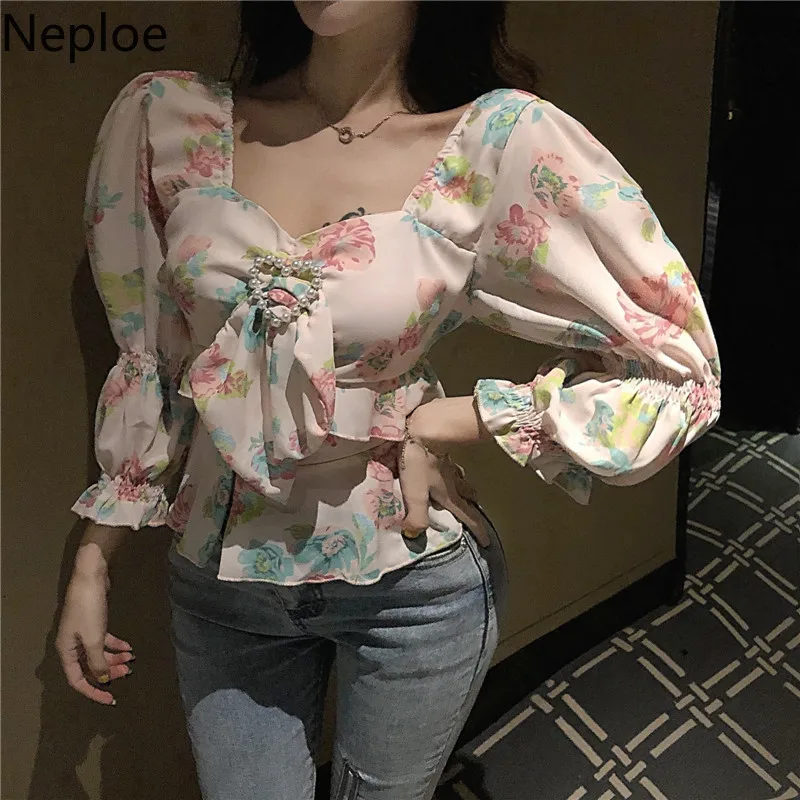 Neploe шифоновые женские блузки с бантом и завязками, цветочный принт, v-образный вырез, рукав три четверти, блуза, модные женские топы с оборками 45330