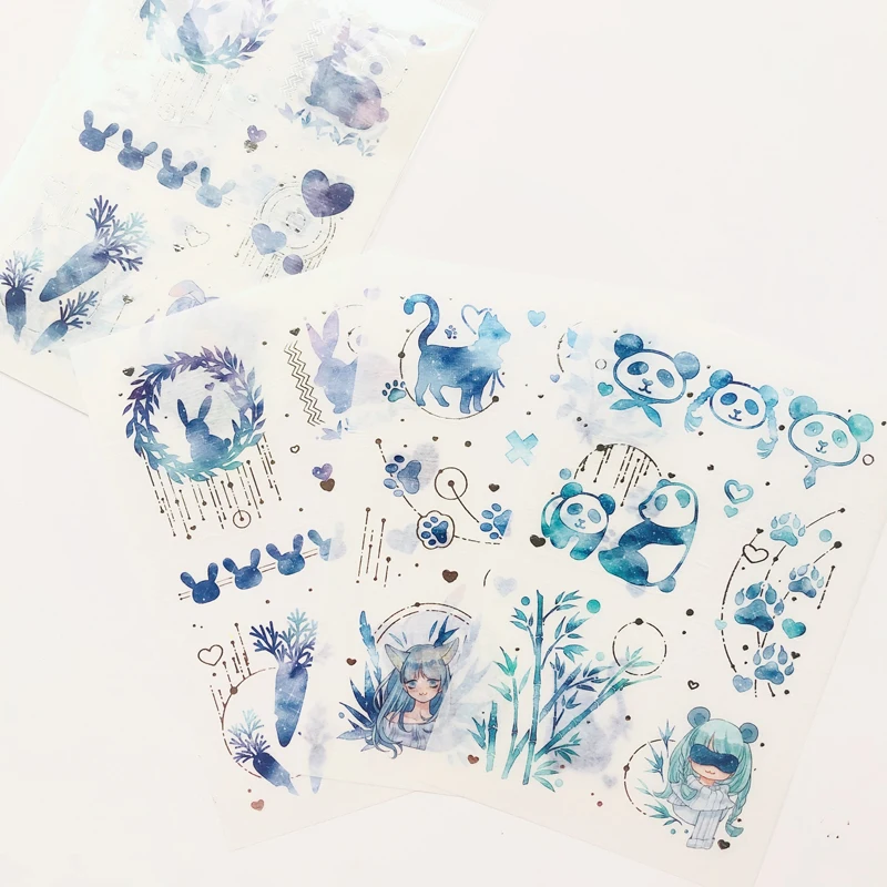 3 Sheets Glitter Starry Color Panda Cat Paper Stickers Hand Account Decor Notebook Decorative Sticker