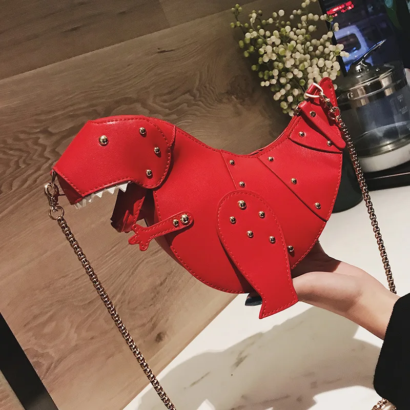 Personality Bag Female 2021 New Cartoon Cute Tide Dinosaur Shape Rivet Decoration Shoulder Messenger Creative Small Bag