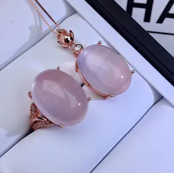 

big size light pink color Rose Quartz gemstone ring and necklace jewelry set 925 sterling silver natural gem girl birthday gift