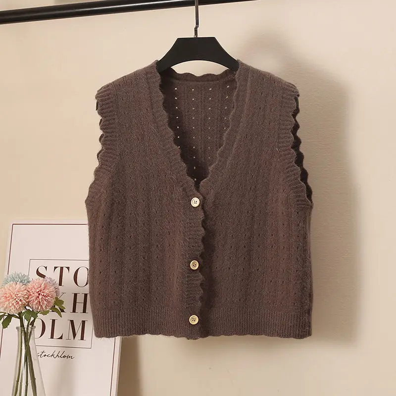 

Coffee Wave Lady Spring Korean V-neck Knit Sleeveless Sweater Short Vest Loose Coat Tops Waistcoat Lady Top Cloth for Women girl