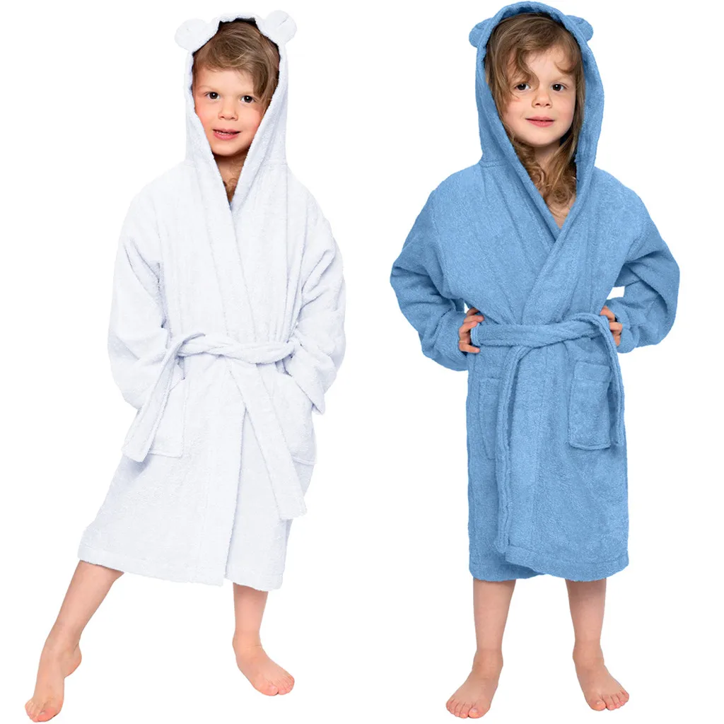 

Toddler Boys&girls Solid Hooded Flannel Bathrobes Towel Night-gown Sleepwear Soft Cotton Blend Short Sleeve Fashion Bathrobes