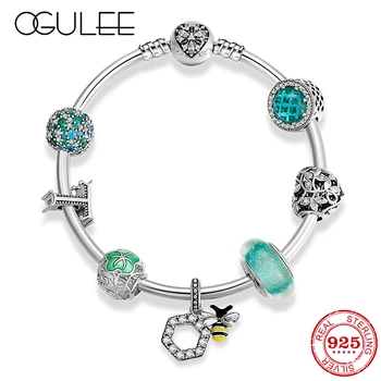 

Original 925 Sterling Silver Charm Bracelet Handmade DIY Beads Life Tree Letter Crystal Letter Beads Bee Pendant Bangles Jewelry