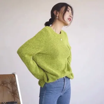 

Women Sweater 2019 Autumn and Winter New Products Yellow Green Sweater Wool Round Neck Women's Sweater