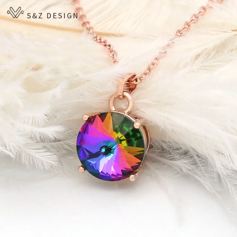 S&Z DESIGN New Fashion Simple Large Round Crystal Pendant Necklace 585 Rose Gold Color Chain For Women Wedding Jewelry