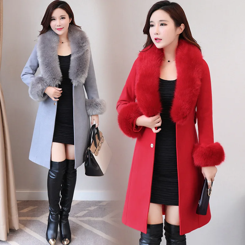 

Woolen Coat Plus Size Faux Fur Collar Jackets For Women Winter 2020 Long Yellow Wool Coats Ladies Casaco Feminino KJ217
