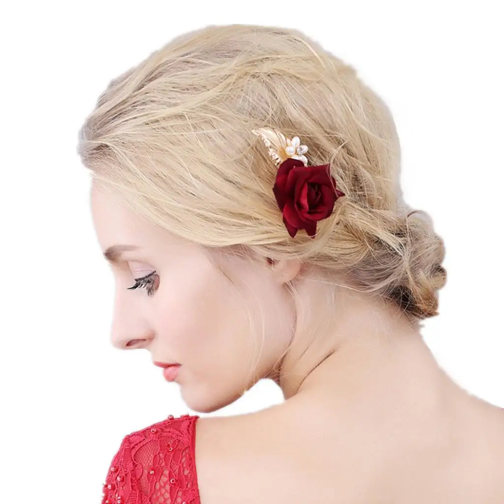 Bridal Pearls Hair Pins Clips Floral Barrette Red Rose Party Hair Jewelry