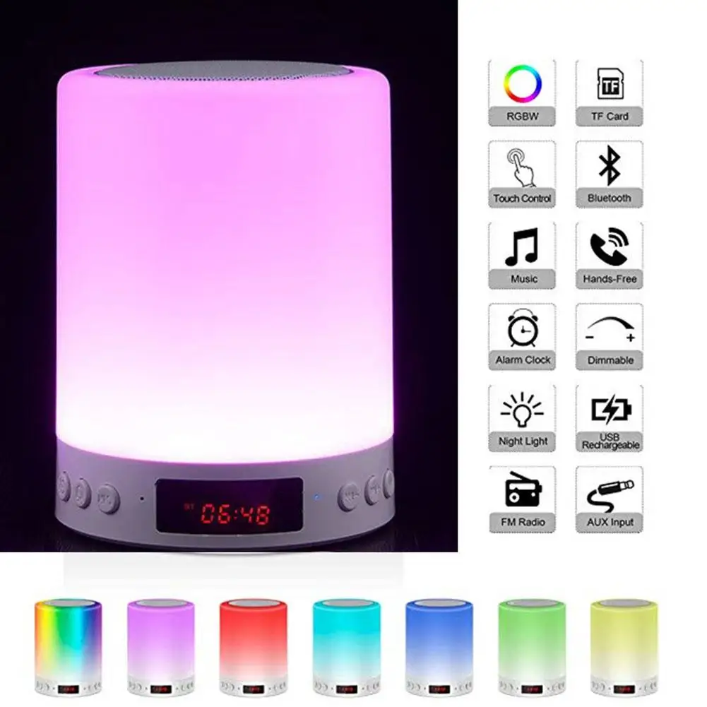 

5 IN 1 Rechargeable Portable Tacile Bedside Lamp Table Lamp Bluetooth Speaker Music USB FM Radio Alarm Clock Digital LED Light