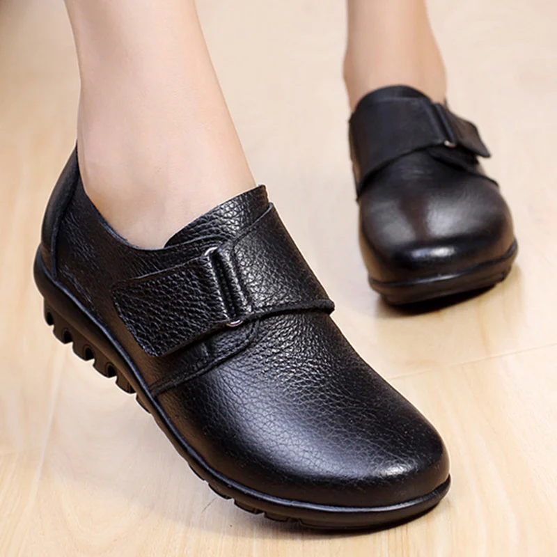 Women Genuine Leather Moccasins Mom Hook and Loop Wedge Shoes Female Plus Size 42/43 Flat Loafers Women's Non-slip Shoes Autumn women shoes