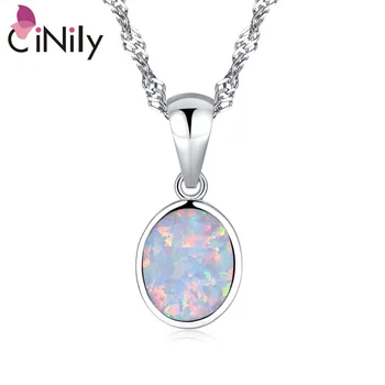 

CiNily Minimalist Silver Plated Fire Opal Pendant White Blue Oval Stone Geometry Charm Korean Jewelry Gift for Women Girl