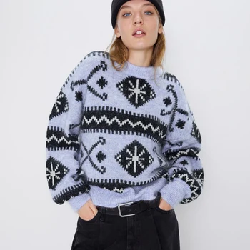 

TEELYNN blue Ethnic pattern sweater oversize loose pullover sweater Autumn winter warm knit long sleeve boho women sweaters