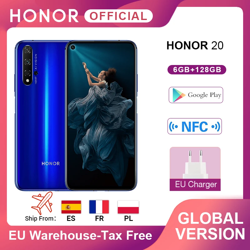 In Stock Global Version Honor 20 Smartphone 6G128G Kirin 980 Octa Core 6.26''48MP Four Cam Cellphone Google Play SuperCharge NFC In Stock Global Version Honor 20 Smartphone 6G128G Kirin 980 Octa Core 6.26''48MP Four Cam Cellphone Google Play SuperCharge NFC