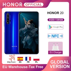 В наличии глобальная версия Honor 20 смартфон 6G128G Kirin 980 Восьмиядерный 6,26 ''48MP четыре камеры мобильный телефон Google Play SuperCharge NFC