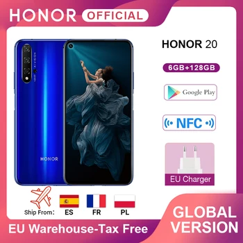 Перейти на Алиэкспресс и купить В наличии глобальная версия Honor 20 смартфон 6G128G Kirin 980 Восьмиядерный 6,26 ''48MP четыре камеры мобильный телефон Google Play SuperCharge NFC