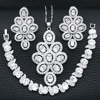 

925 Sterling Silver Bridal Jewelry Sets For Women White Cubic Zirconia Crystal Necklace/Earrings/Bracelet/Pendant Set