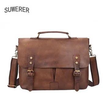 

SUWERER New Genuine Leather bag Men's portable briefcase bag Retro casual Leather shoulder bag