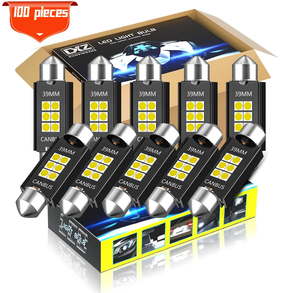 DXZ 100Pcs Festoon-39MM C5W C10W LED Bulbs Canbus 3030 6-SMD NO ERROR Car Interior Map Dome Reading Lights 12V/24V 3W Auto Lamp