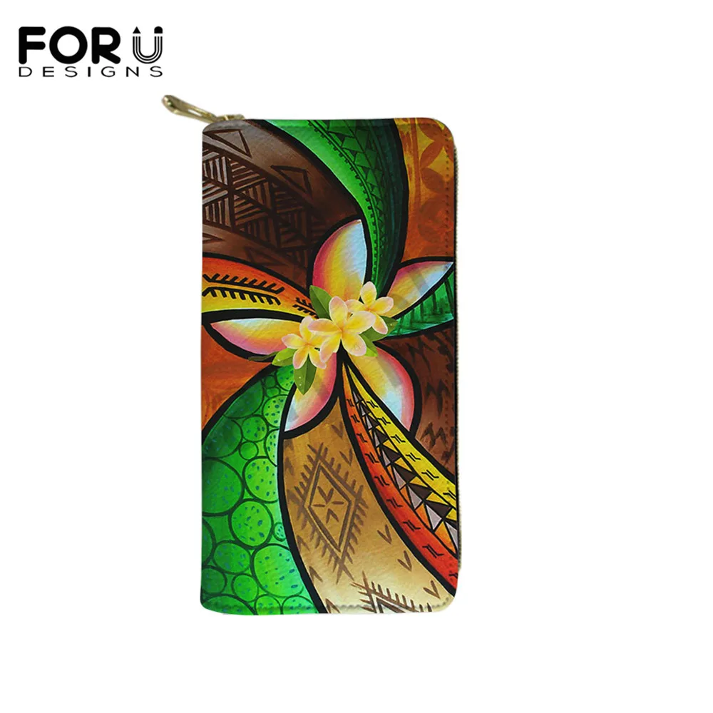 

FORUDESIGNS Polynesian Hawaiian Plumeria Pattern Women Long Leather Wallets Female Money Clutch Bag Ladies Purse With Zipper New