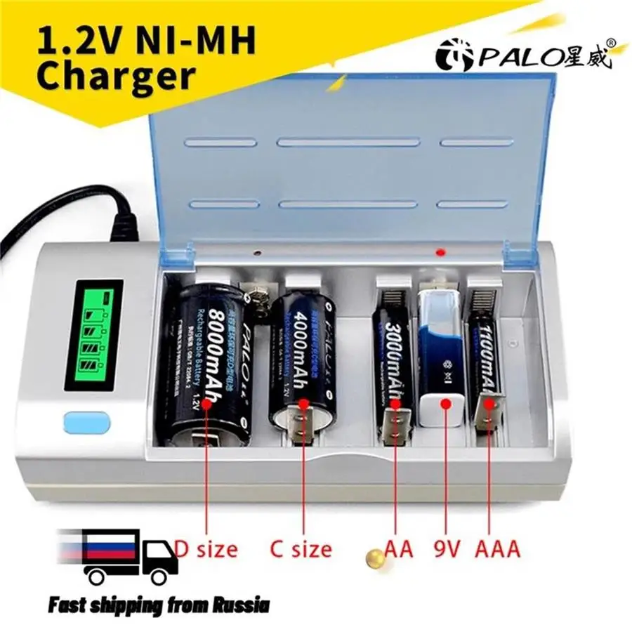 Carregador de Bateria Recarregável Inteligente Display Lcd 1.2v Ni-mh aa Aaa c Tamanho d Carregador de Baterias de 9v tipo c Descarga Rápida