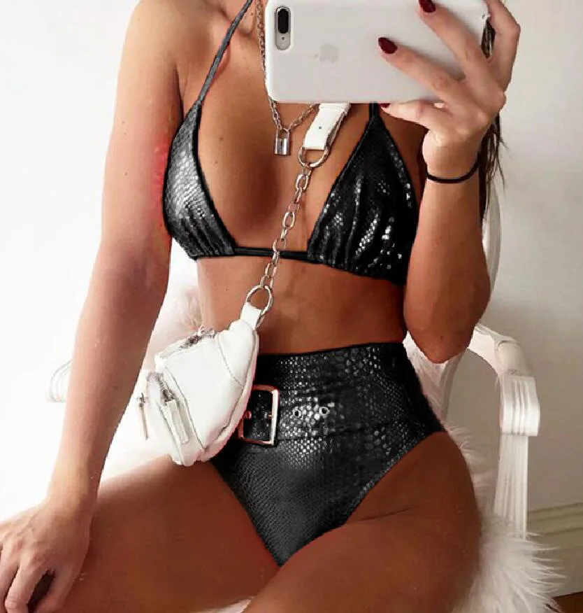 2020 mujer high waist bikini set Black bandage triangle swimsuit female push up bathers Belt bathing suits beachwear women new | Женская