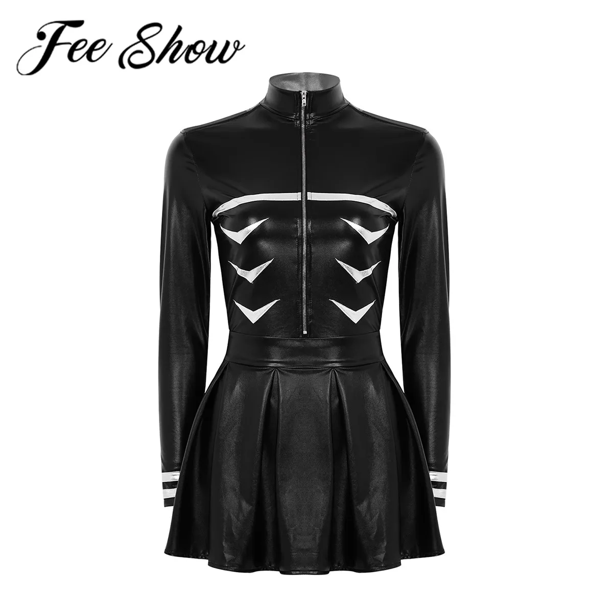 Women Female Role-playing Costume Shiny Latex Hollow Out Zipper Skirt Japanese Anime Cosplay Uniform Halloween Dress Up Clothing |