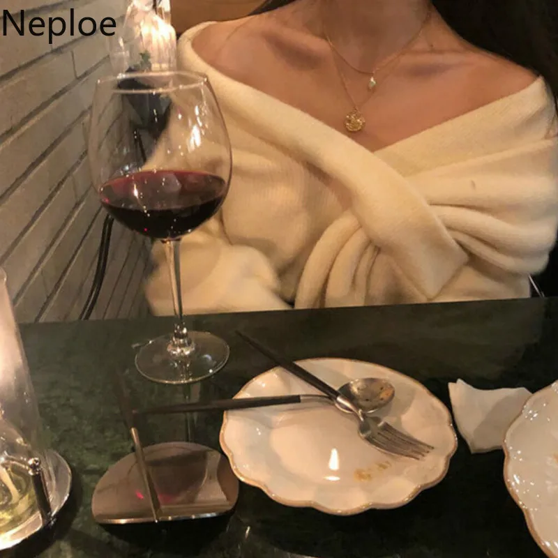 Neploe шик ретро V образным вырезом галстук крест дизайн свитер сексуальное плечо без бретелек с длинным рукавом Pull Femme Твердые свободные Thicked Sueter