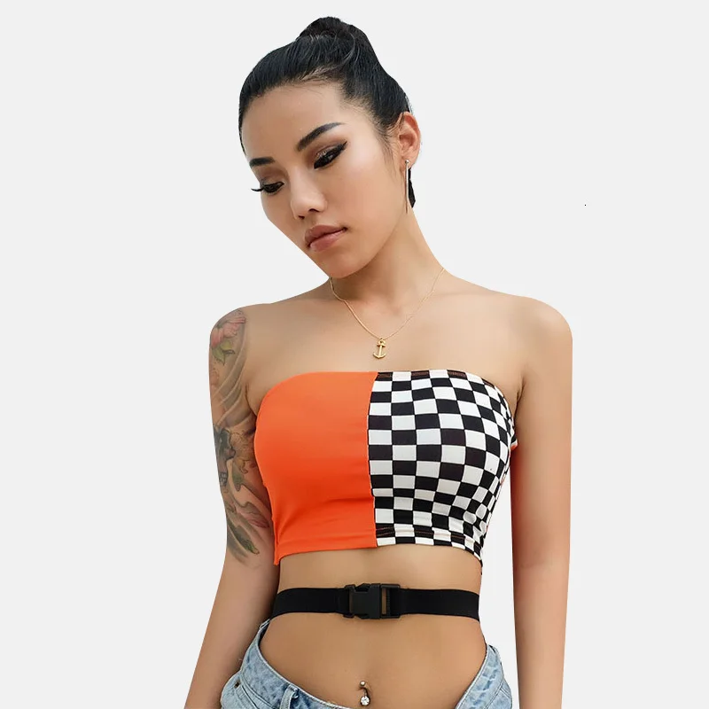 Patchwork Checkerboard Strapless Top Casual Checkered Crop Tops Women Streetwear Bandeau Boob Tube Top Wrap Chest