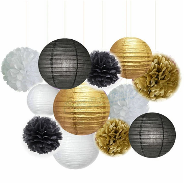 1 Set Mixed Black Gold White Paper Lanterns Lamp Shade Tissue