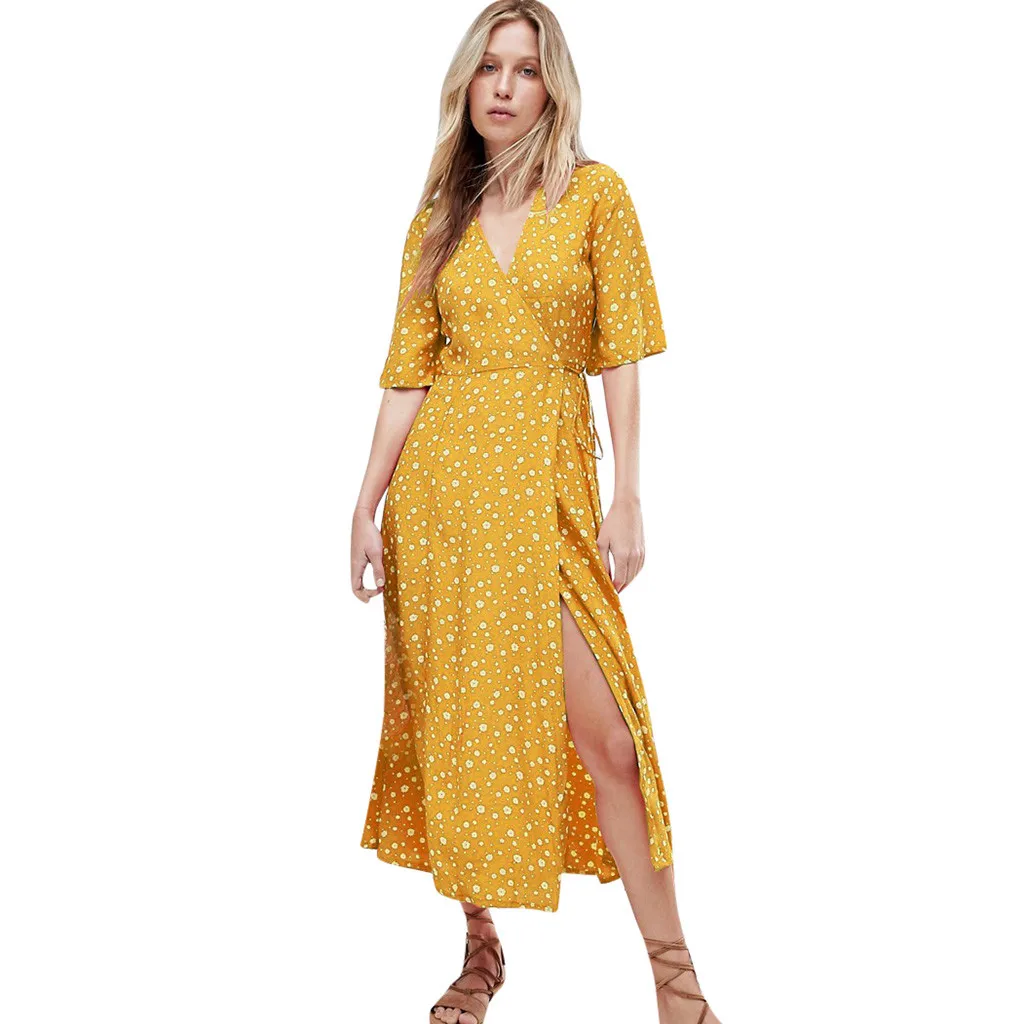 Элегантное платье в горошек, boho, женское летнее платье миди, сексуальное, v-образный вырез, на бретелях, на пуговицах, ТРАПЕЦИЕВИДНОЕ ПЛАТЬЕ, женское пляжное платье с принтом, vestidos robe