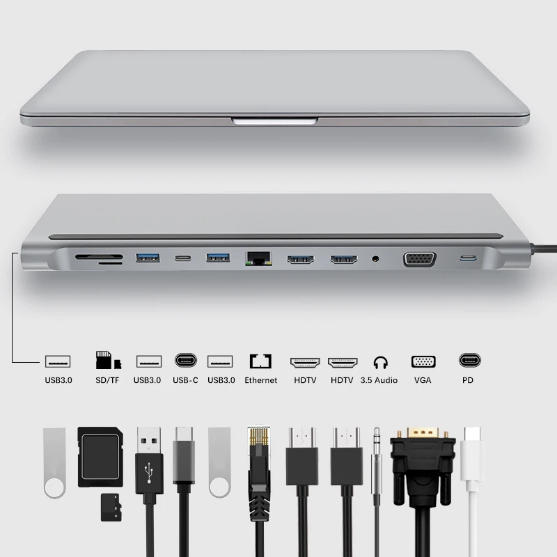 12 в 1 USB Type C концентратор адаптер для ноутбука Док Станция HDMI VGA RJ45 PD HP Lenovo