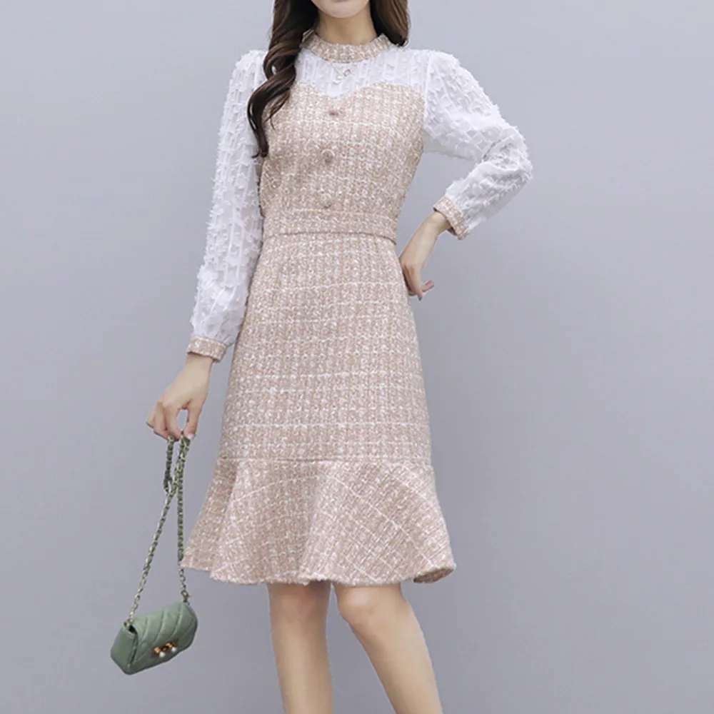 Платье-Русалка шерстяное в клетку с длинным рукавом | Женская одежда