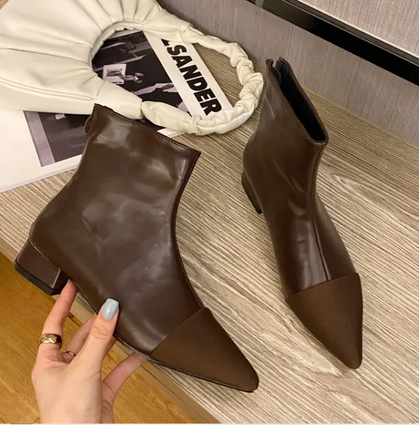 

Winter Trending Women Leather Pointed Toe Ankle Boots Medium Heels Black Short Boots Zippers Brown Chelsea Boots Lady Shoes