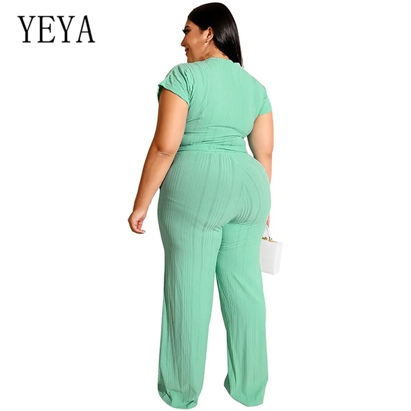 YEYA большой Размеры 4XL 5XL Винтаж широкий комбинезон с длинными рукавами комплекты из двух предметов комбинезон с коротким рукавом Для женщин костюмы «плюс сайз» Повседневное комбинезоны